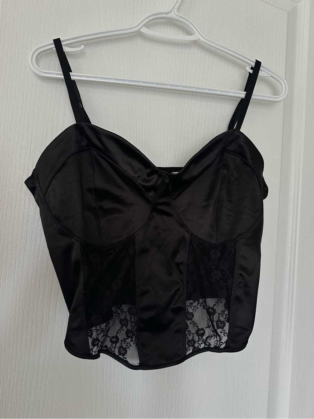 🔥 2/$15 Black Satin Style Lace Corset Bustier Crop Top Goth Coquette Date Night